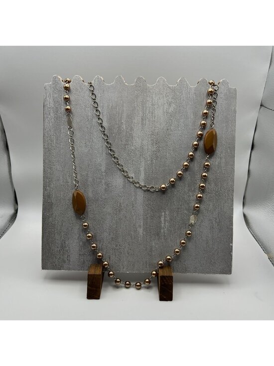 Layered Beaded & Chain Necklaces Featuring Warm Tones Of Amber Cream Bronze And - Picture 4 of 6